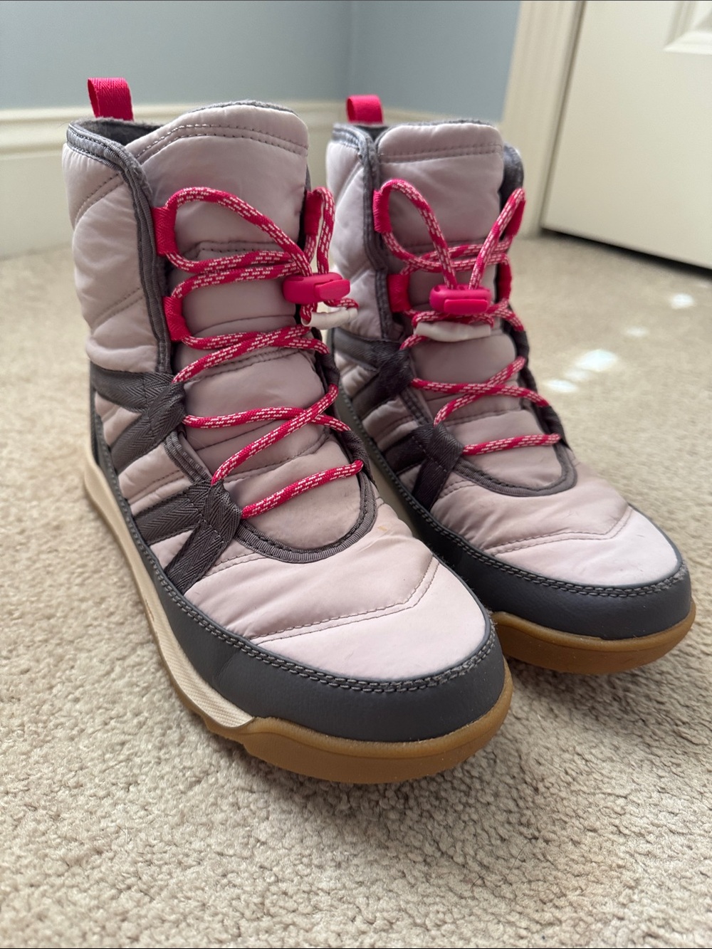 Kids Sz 5 Sorel Pink, Gray Quilted Winter Lace-Up Snow Boots